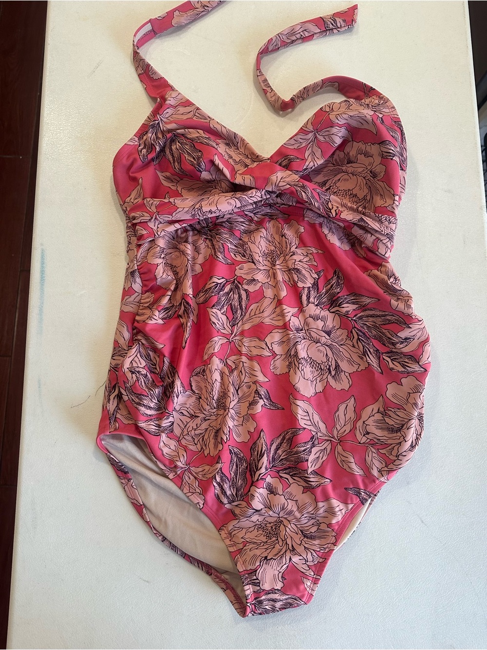 Isabel Maternity Pink Floral One-Piece Swimsuit with Halter Strap